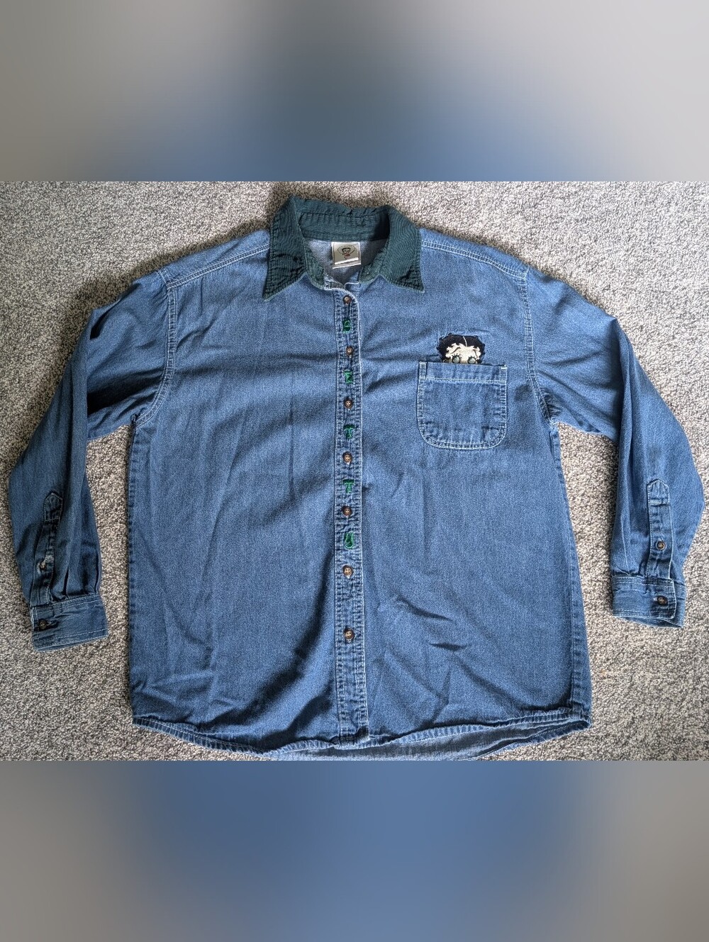 Vintage Mens Small 2000s Denim Corduroy Embroidered Betty Boop Button Down Shirt